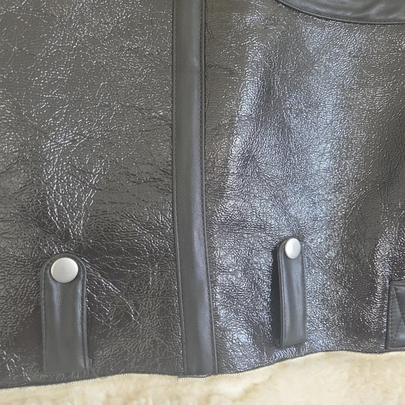 Faux Shearling Lined Dark Chocolate/Black Vinyl Faux Leather Jacket - Picture 6 of 9